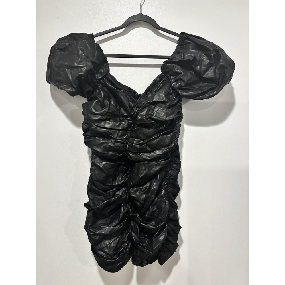 Naked Wardrobe Dress Womens Large Black‎ Faux Leather Ruched Puff Sleeve Mini